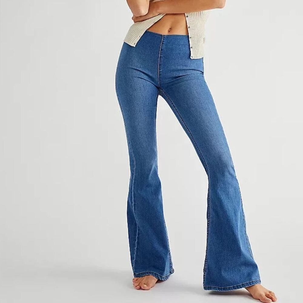 Free People Penny Pull Jean On Flare Leg Bottoms Elastic Waist Size 31